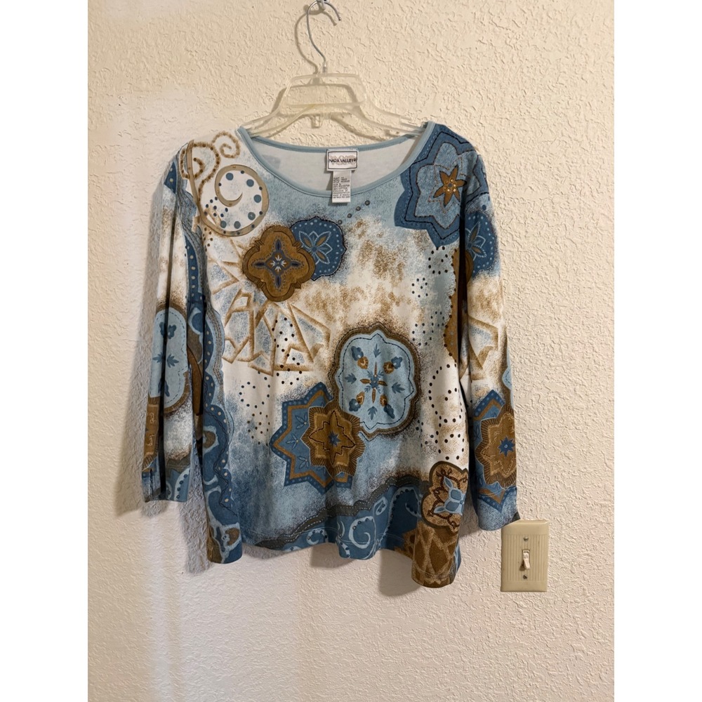 Napa Valley Womens Blue Brown Geometric‎ Floral Print Long Sleeve Top Large